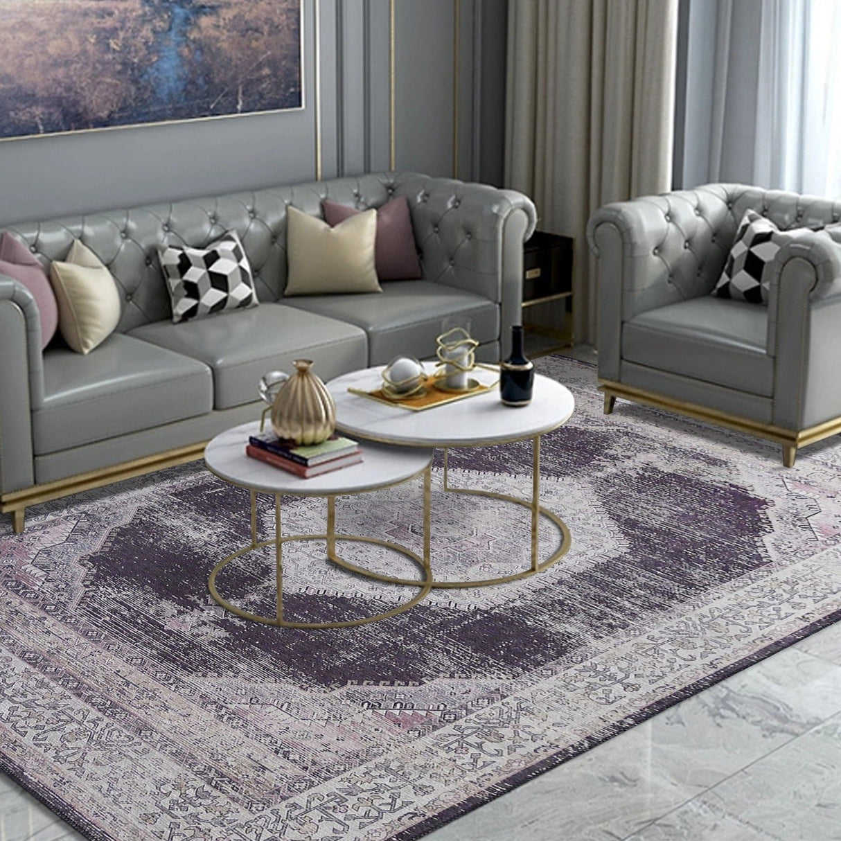 Medallion Vintage Faded Print Style Polypropylene Fabric - Faded Medallion Print, Black, Low Pile, 5' X 7' (1 Rug)