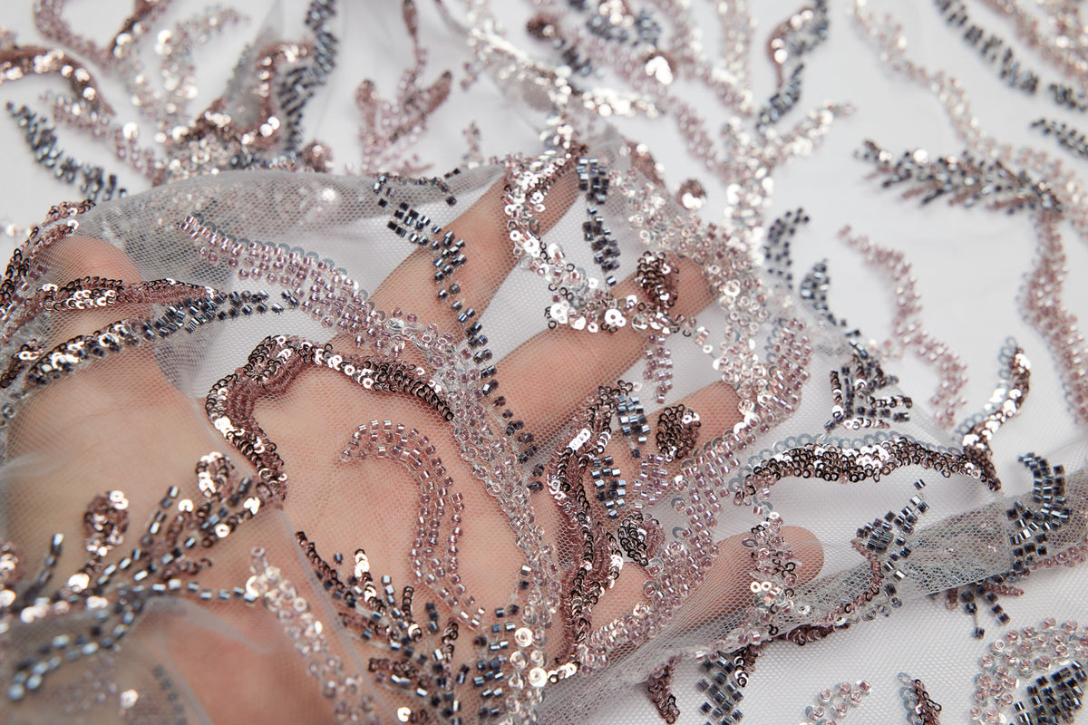 1 Yard Embroidered Lace Fabric Beaded & Sequined with Rich Design, 50/52" Wide