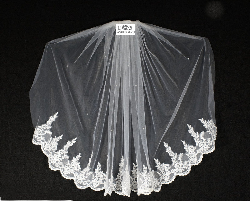 White Bridal Wedding Veil 32 Inch One Tier Embroidered