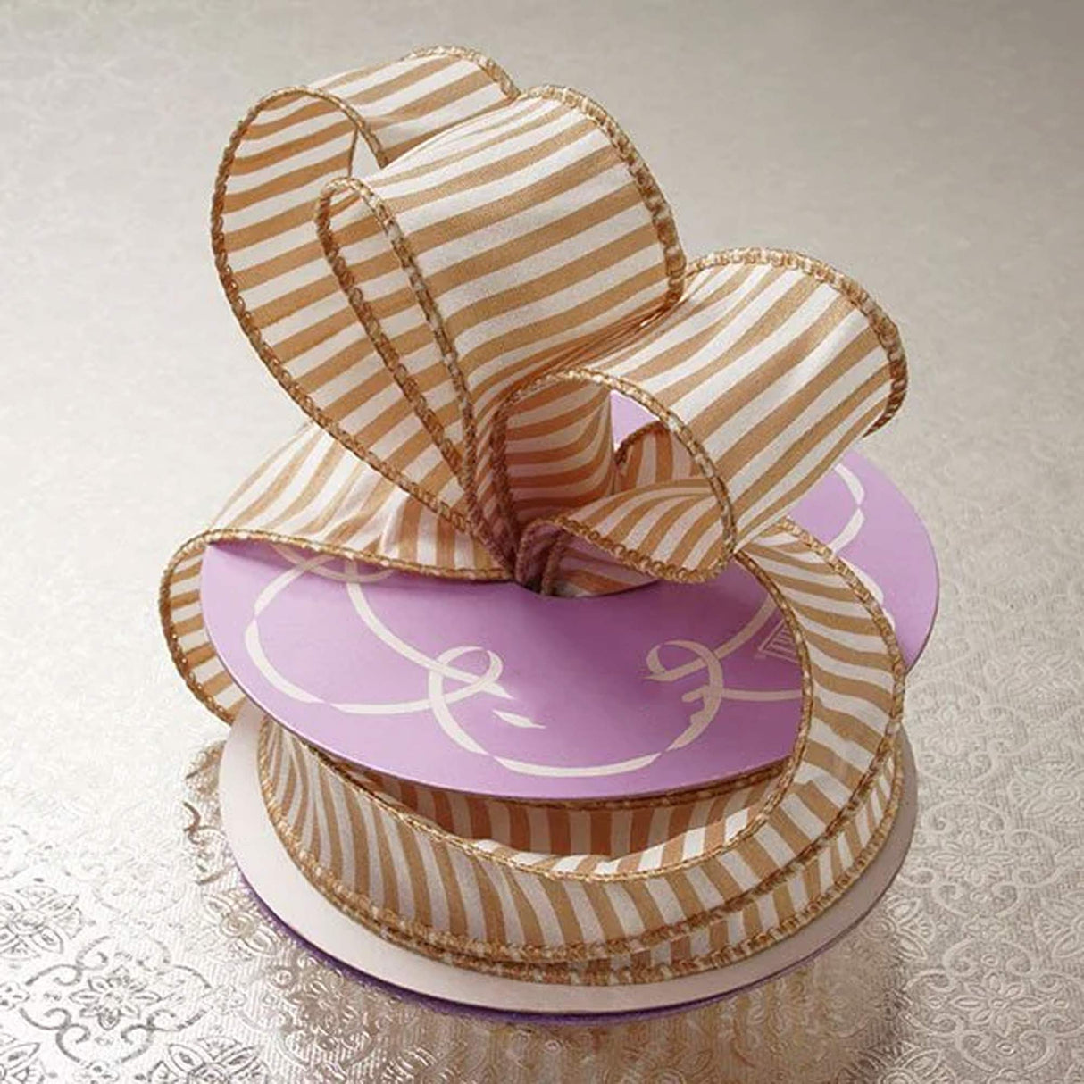 Cotton-Blend Wired Edge Horizontal Striped Ribbon 1 1/2 '' X 10 yd Tan Color 1 / roll