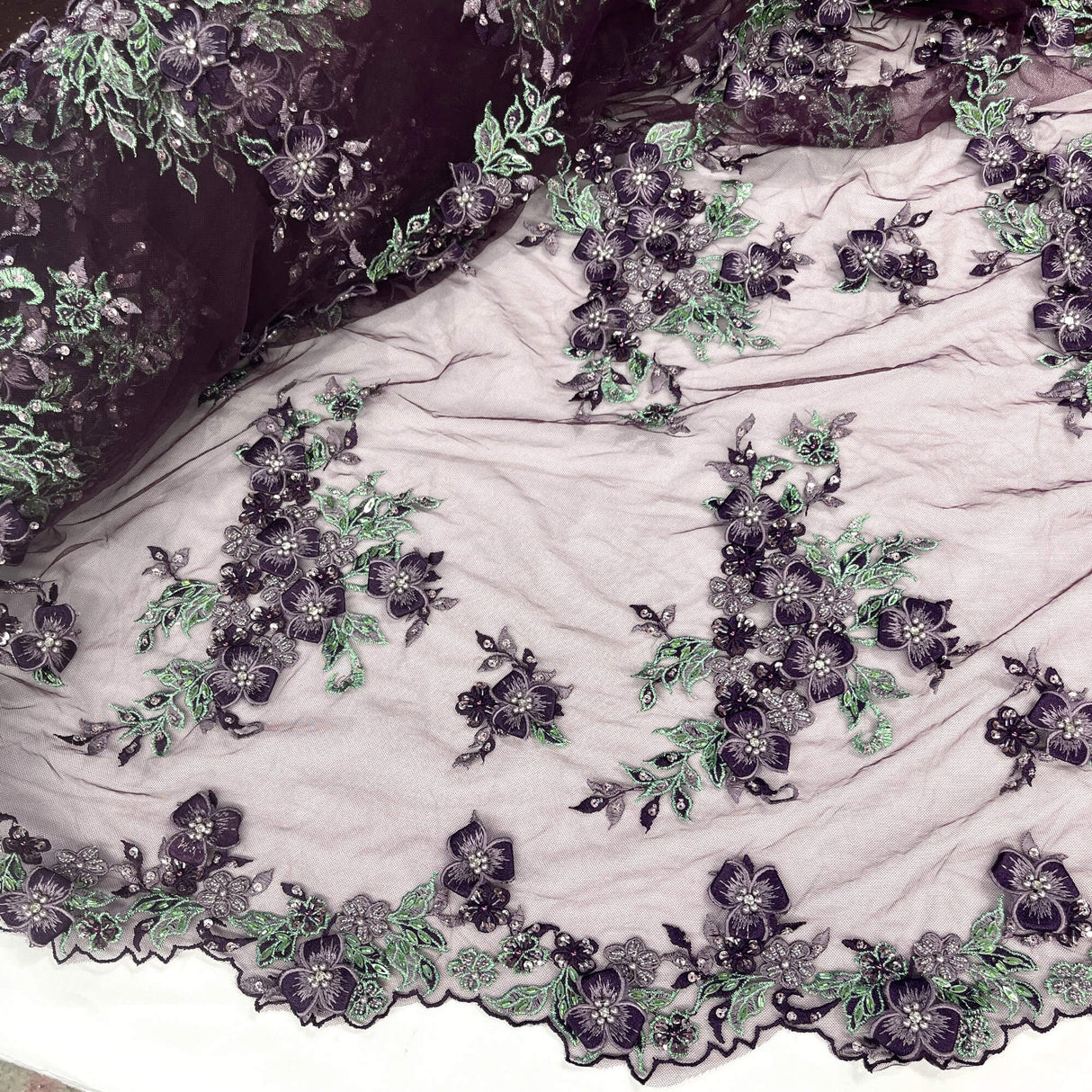 3D Beaded Floral Lace Mesh Fabric