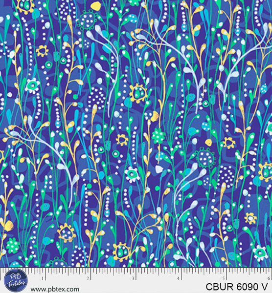 Cotton Print Electric Blue Vine Color Burst Fabric 44/45
