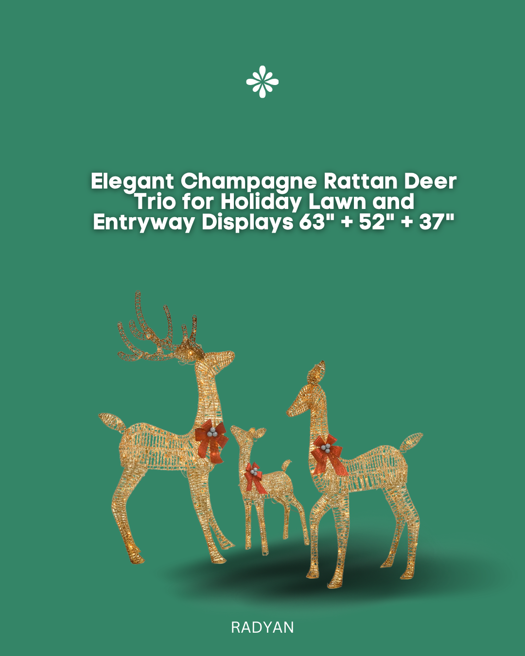 Elegant Champagne Rattan Deer Trio for Holiday Lawn and Entryway Displays 63" + 52" + 37"