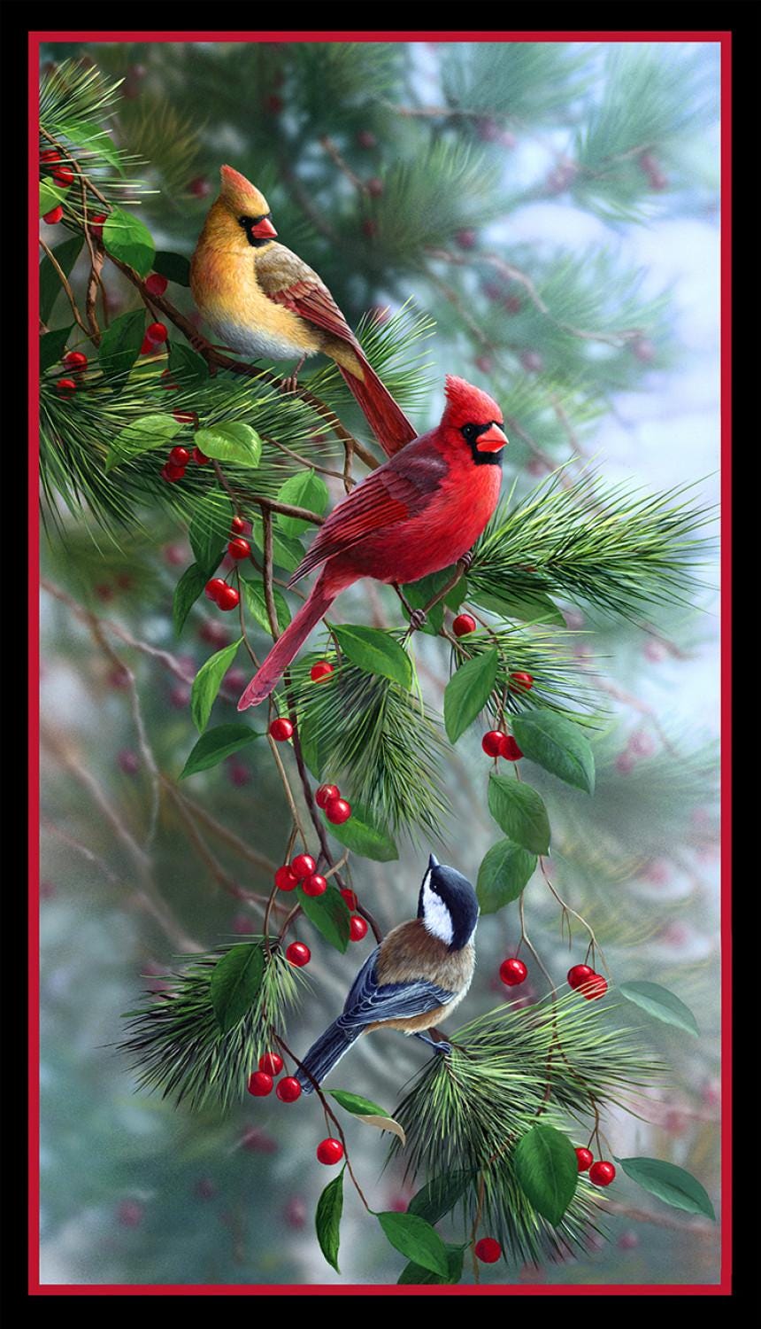 Fabric Panel Birds and Berries Cardinal Birds Black Elizabeth's Studio