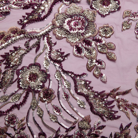 1 Yard Embroidered Beaded and Sequined Lace Fabric with Floral Pattern 50/52" Wide