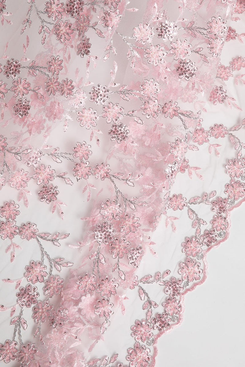 1 Yard 50/52" Wide Embroidered Beaded Sequined Lace Fabric with Genteel Floral Pattern Polyester