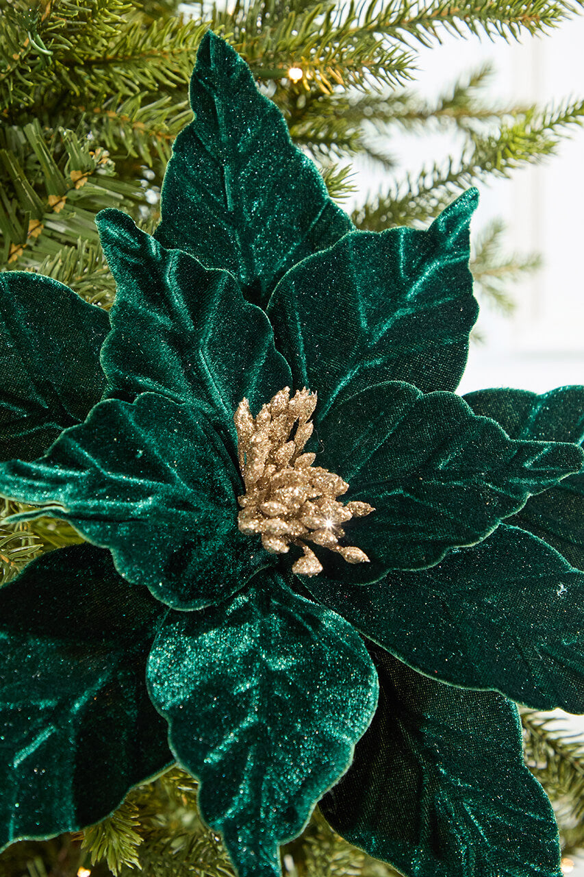 24" Emerald Velvet Glitter Poinsettia Stem