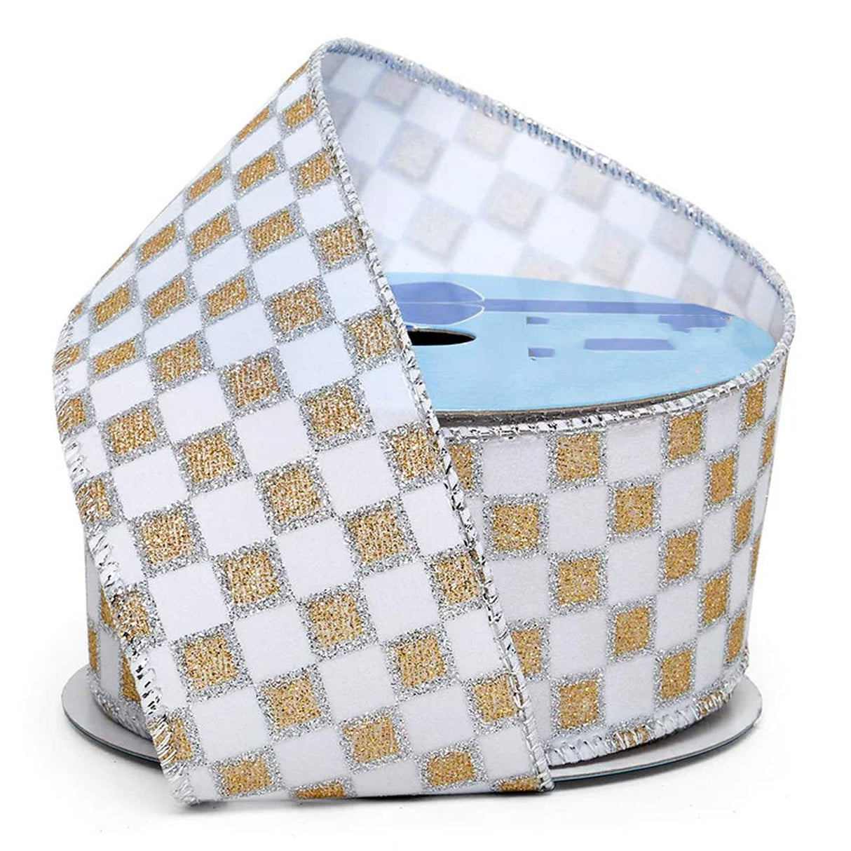 Sparkling Checkered Print On Velvet Wired Ribbon 2 1/2 '' X 10 yd Gold / White Color 1 / roll