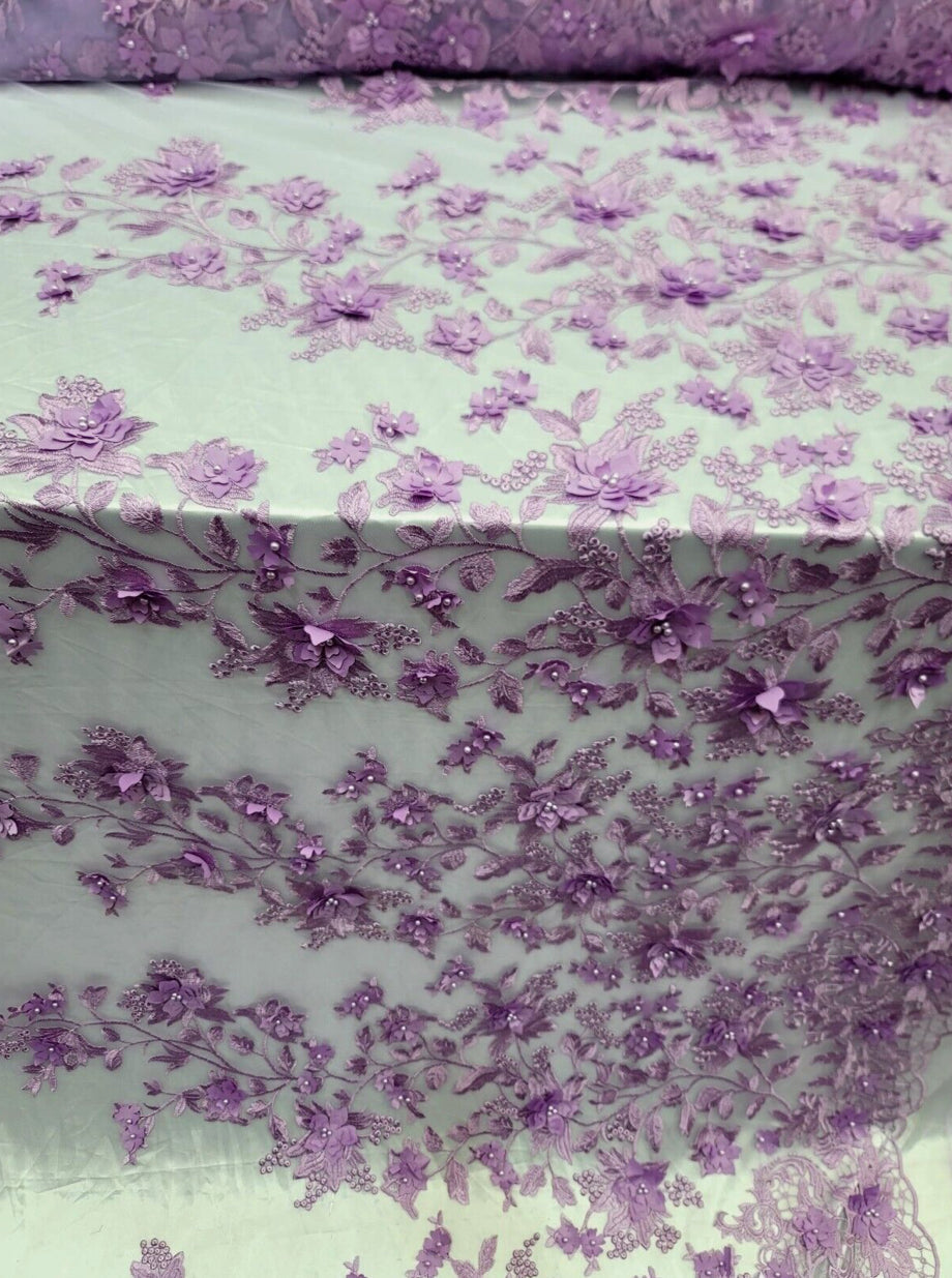 3D Floral Embroidered Mesh Lace Fabric Lavender
