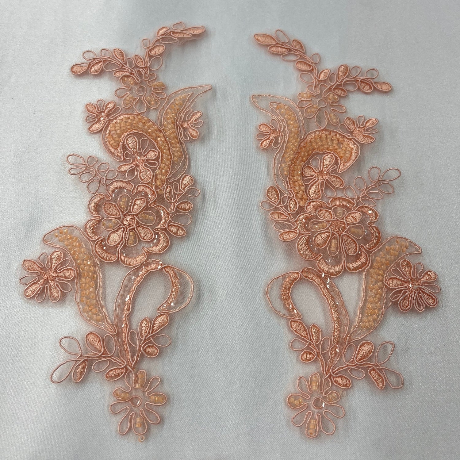1 Pair Beaded & Corded Floral Lace Applique 9" x 2.5" Each Side