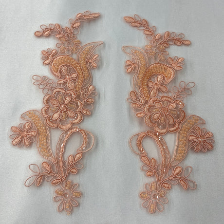 1 Pair Beaded & Corded Floral Lace Applique 9" x 2.5" Each Side
