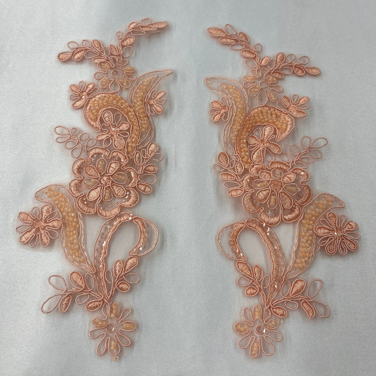 Beaded Corded Floral Lace Applique Pair