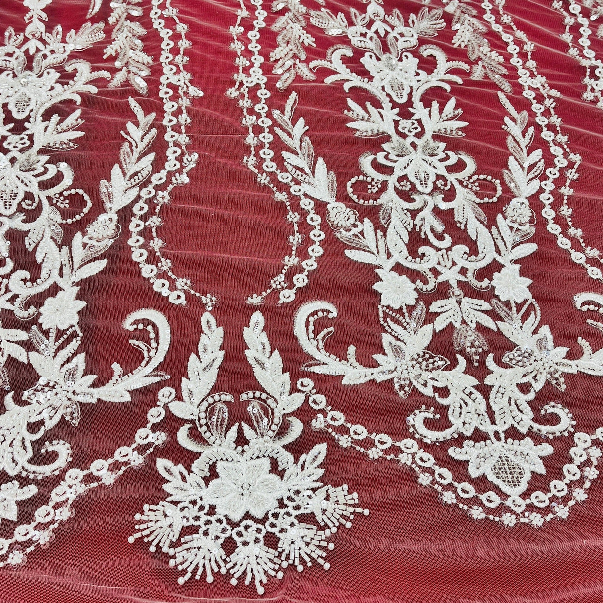 Beaded Lace Fabric Embroidered On 100 Percent Polyester Net Mesh - Off White, Antique Silver, White, 50" Wide (1 Yard)