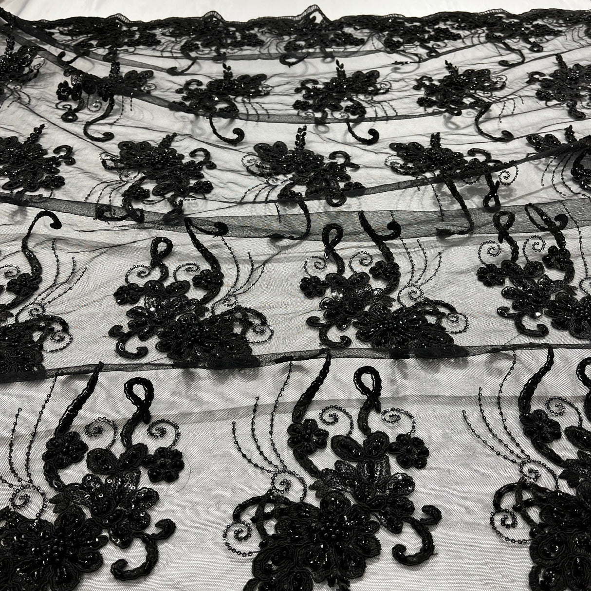 Beaded Corded Lace Fabric on Polyester Net Mesh