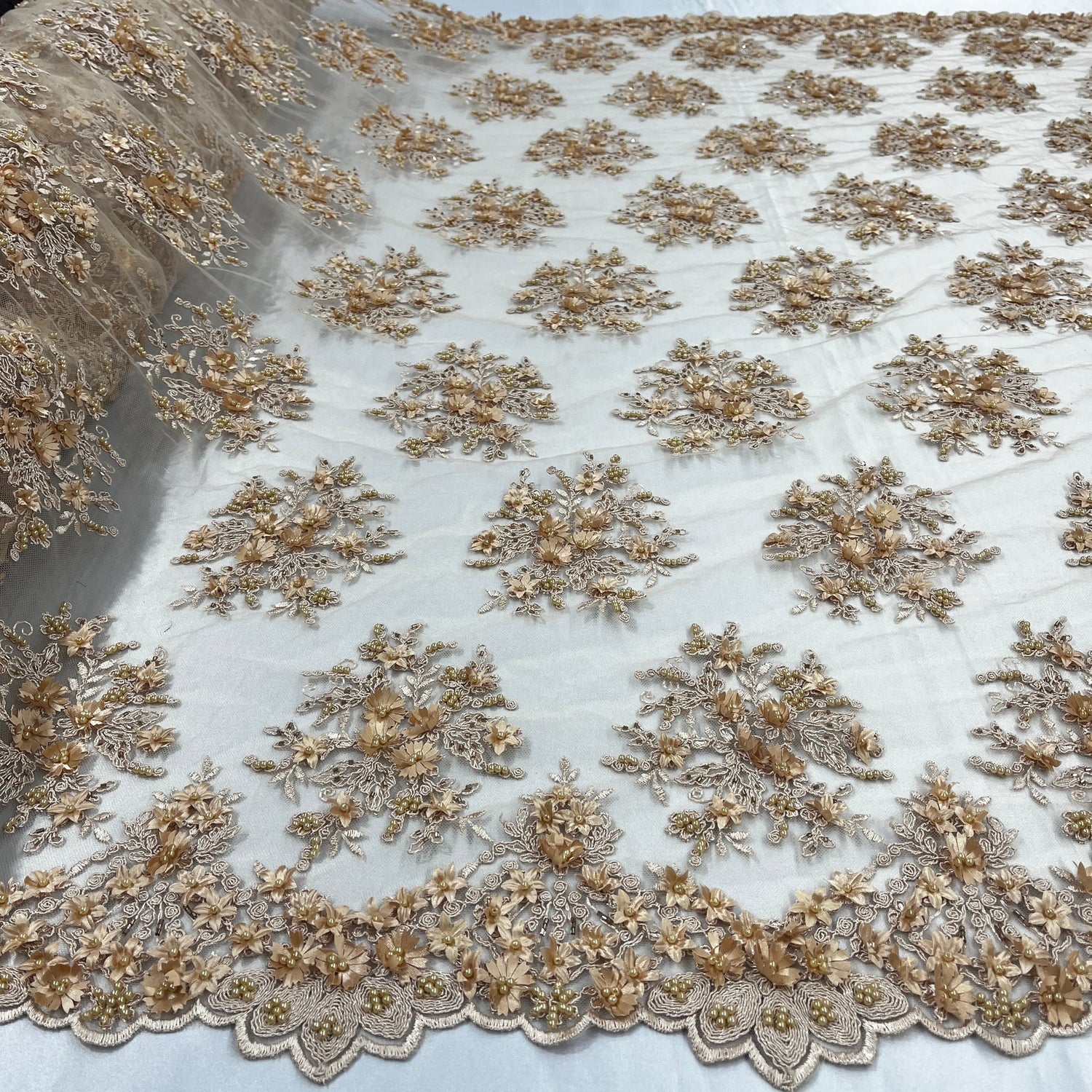 1 Yard Stunning Beaded 3D Floral Lace Fabric Embroidered on Polyester Net Mesh