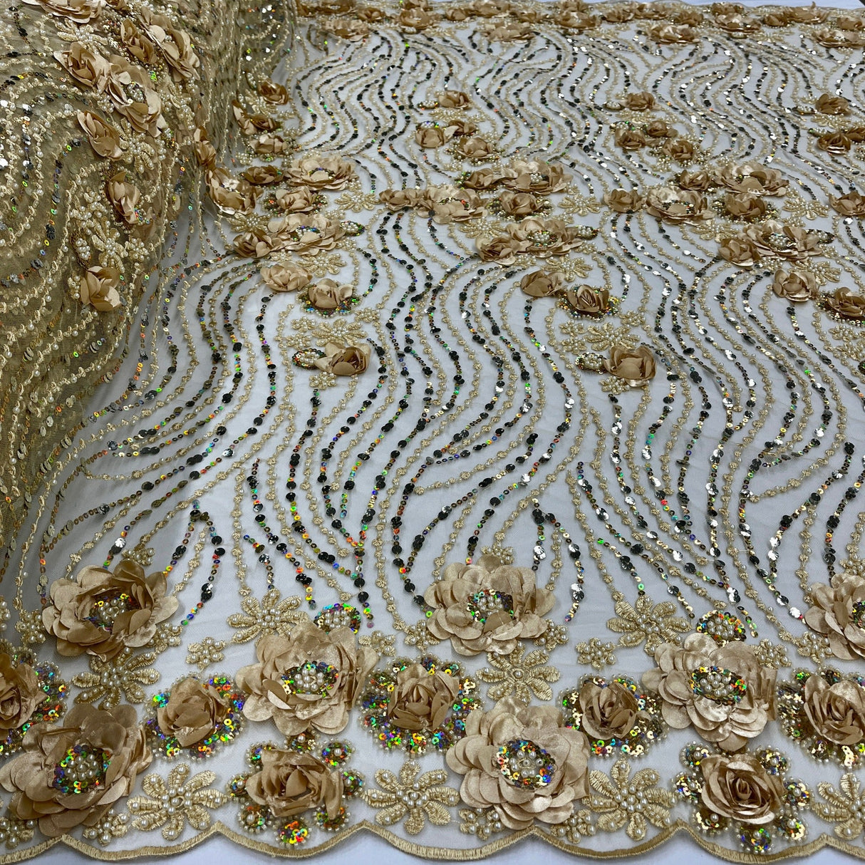 Beaded 3D Floral Lace Fabric