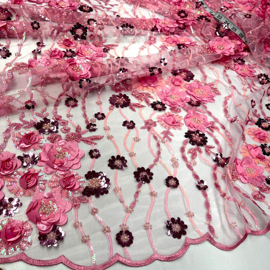 1 Yard Beaded Rhinestone 3D Floral Lace Fabric Embroidered 100 Percent Polyester Net Mesh 52 inch Width