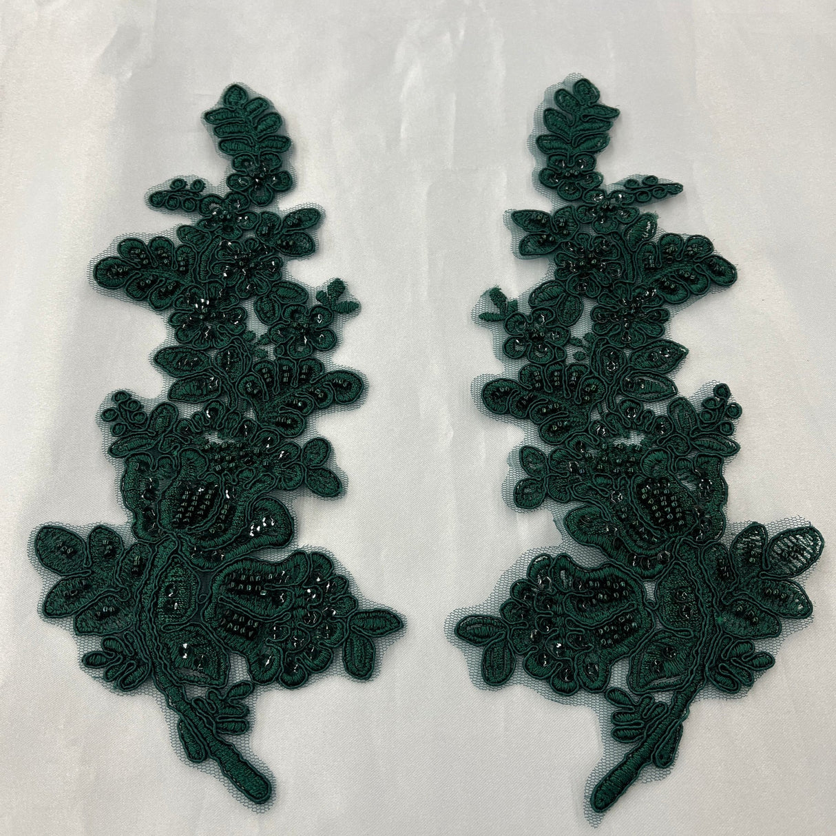 1 Pair 12" x 3.5" Beaded & Corded Floral Lace Applique 100% Polyester Net Mesh