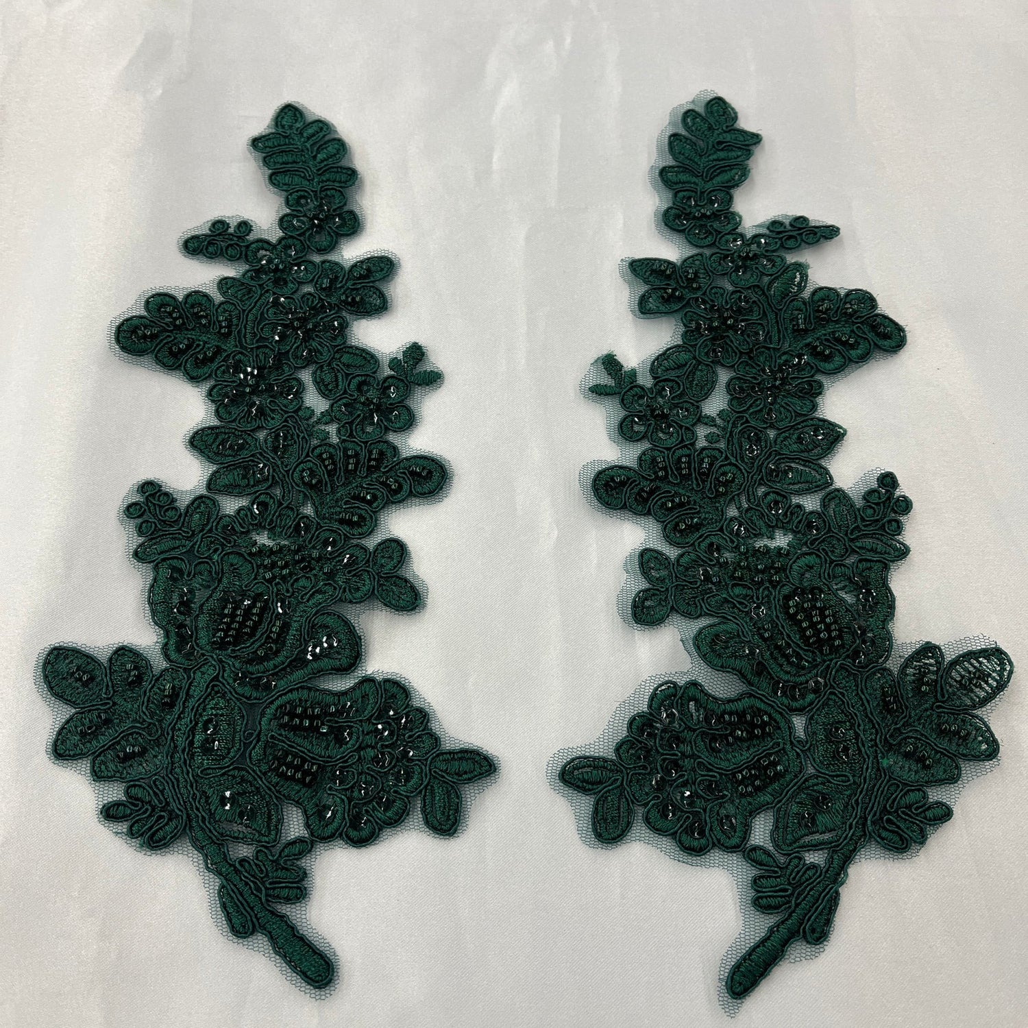 1 Pair 12" x 3.5" Beaded & Corded Floral Lace Applique 100% Polyester Net Mesh