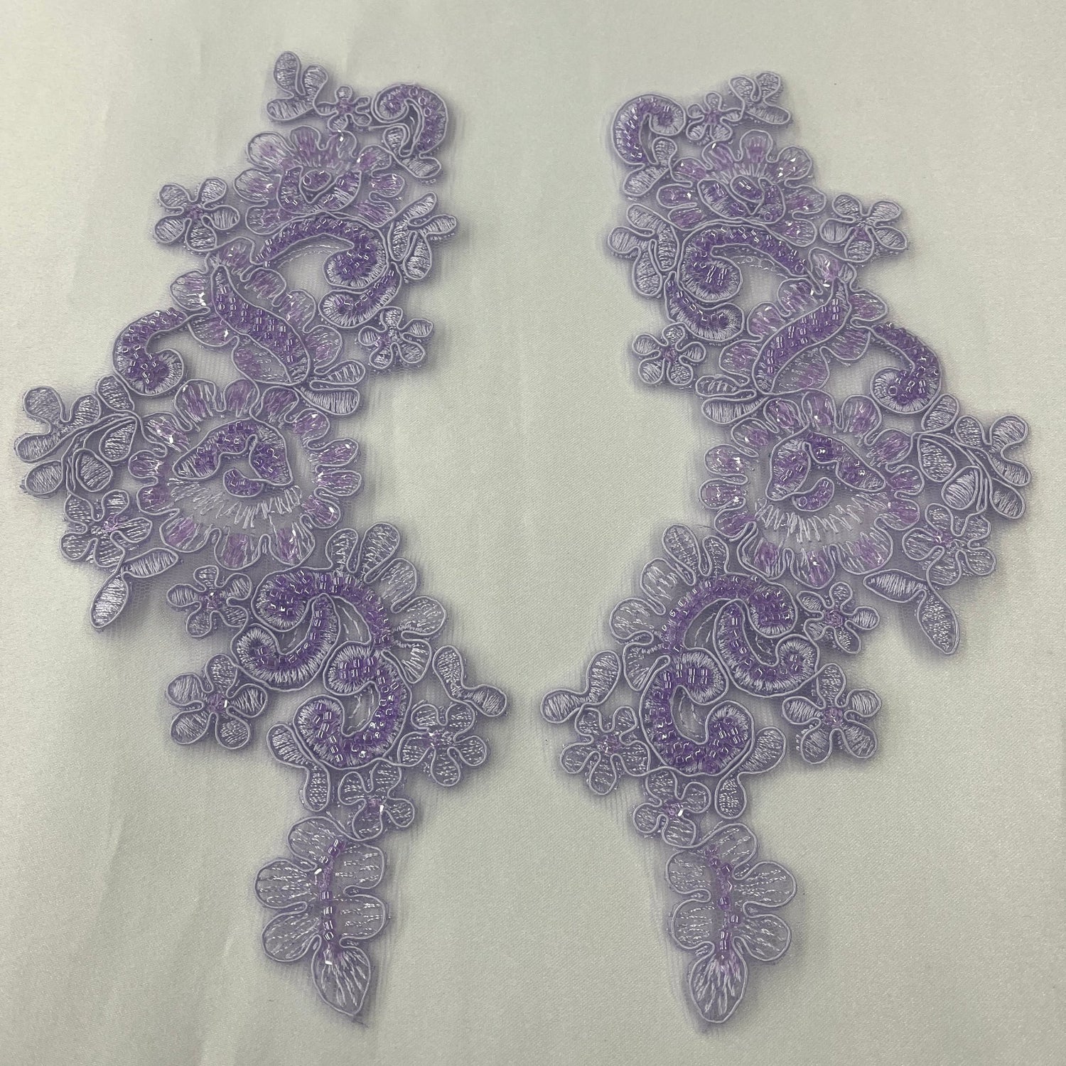 1 Pair 9" x 3" Each Side Beaded & Corded Floral Lace Applique Organza