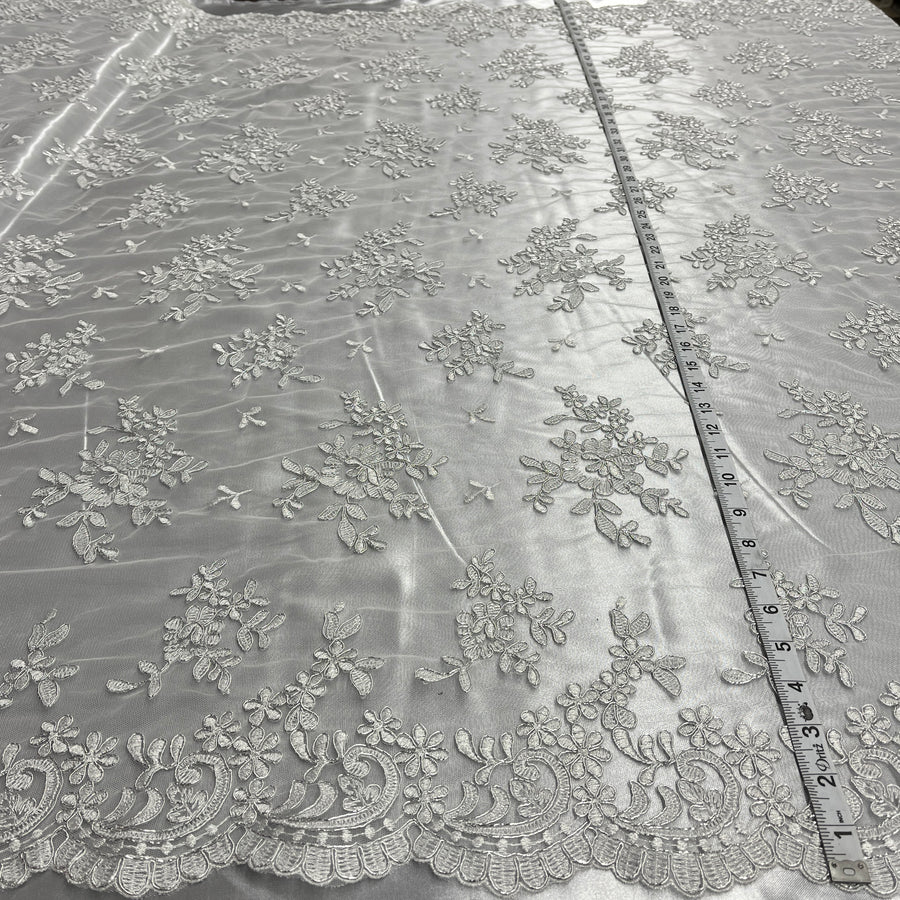 1 Yard - Corded Bridal Lace Fabric Embroidered on 100% Polyester Net Mesh - 53" Wide