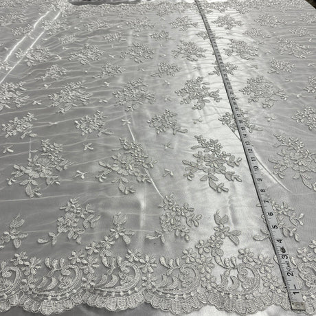 1 Yard Handcrafted Corded Embroidered Bridal Lace Fabric for Elegant Gowns White