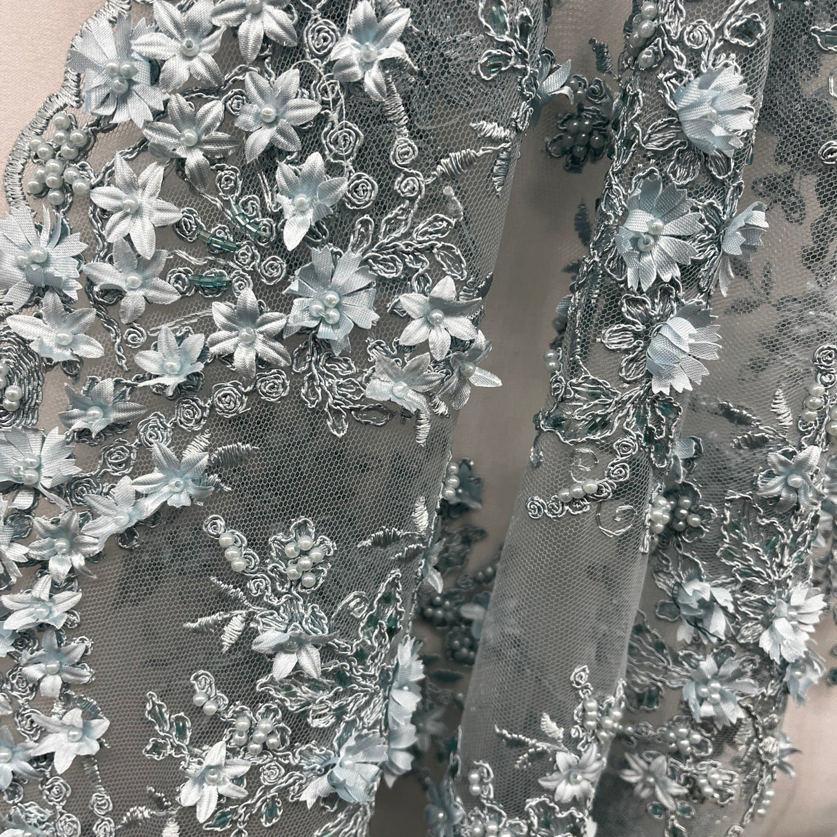 Beaded 3D Floral Lace Fabric