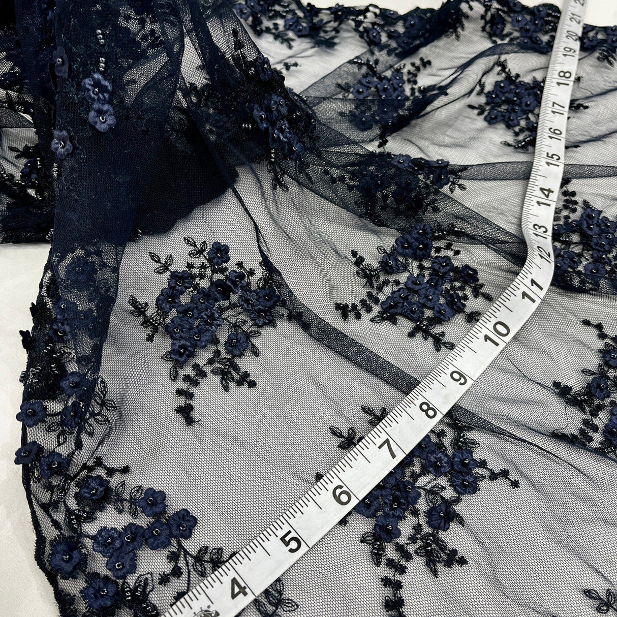Beaded Double Sided 3D Floral Lace Trimming Polyester Fabric - 3D Floral Embroidered Net Mesh, 21" Width (1 Yard)