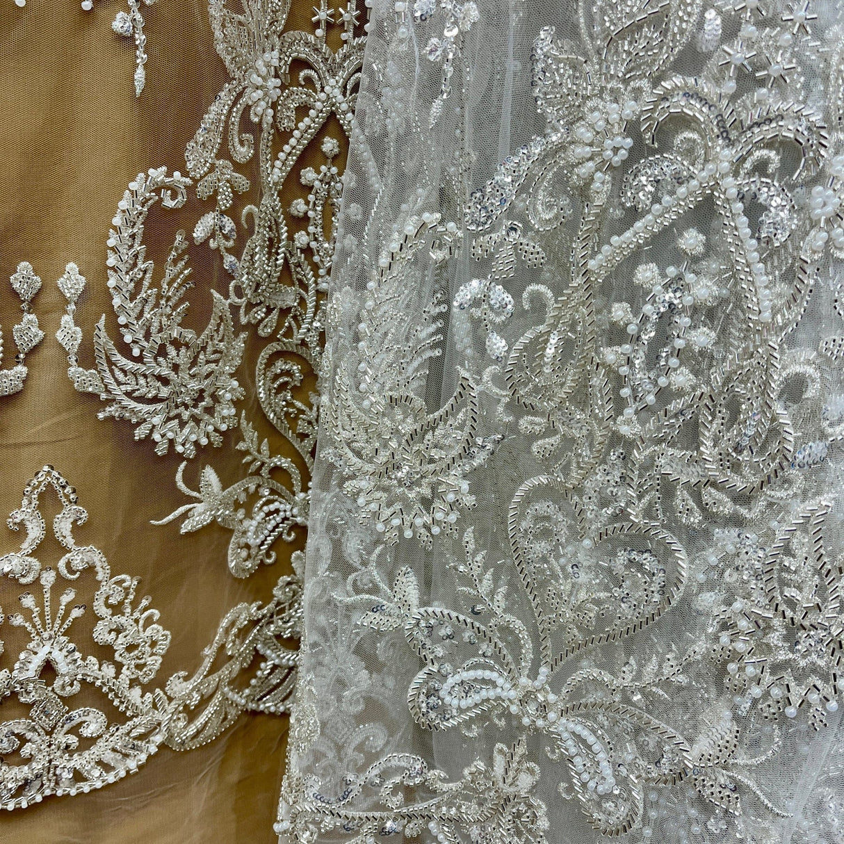 1 Yard Antique Silver Beaded Lace Fabric Embroidered on 100% Polyester Net Mesh 50 Inch Width