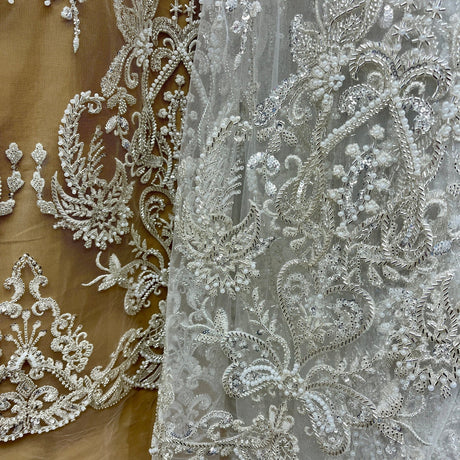 1 Yard Antique Silver Beaded Lace Fabric Embroidered on 100% Polyester Net Mesh 50 Inch Width