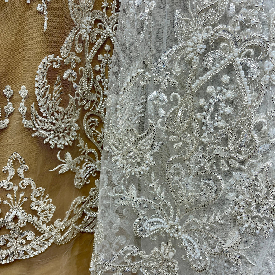1 Yard Elegant Beaded Lace Fabric Embroidered on Polyester Net Mesh