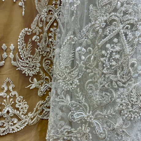 1 Yard Floral Embroidered Lace Fabric on Sheer Polyester Mesh, White, Ivory, and Blush