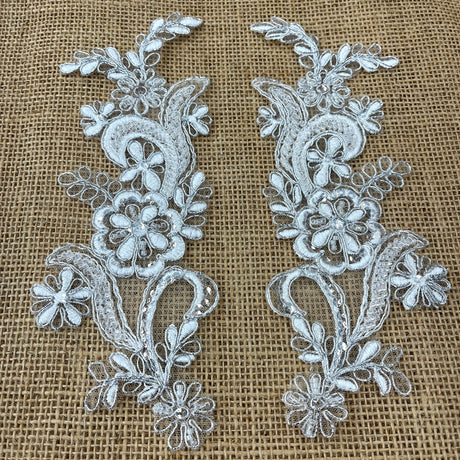 1 Pair Beaded & Corded Floral Lace Applique 9" x 2.5" Each Side