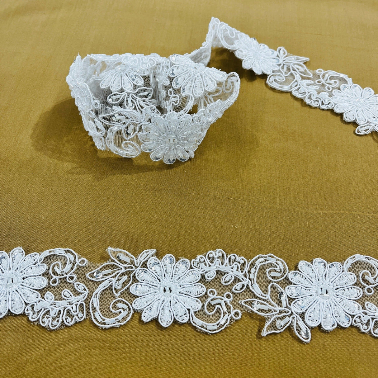 Beaded Corded Lace Trim on Polyester Mesh