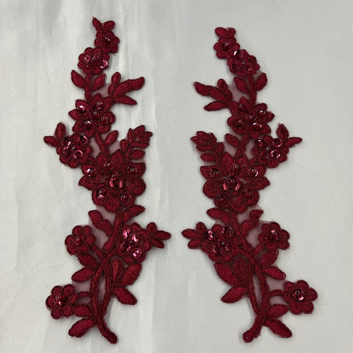 1 Pair Beaded & Corded Floral Lace Applique 10" x 2" Each Side