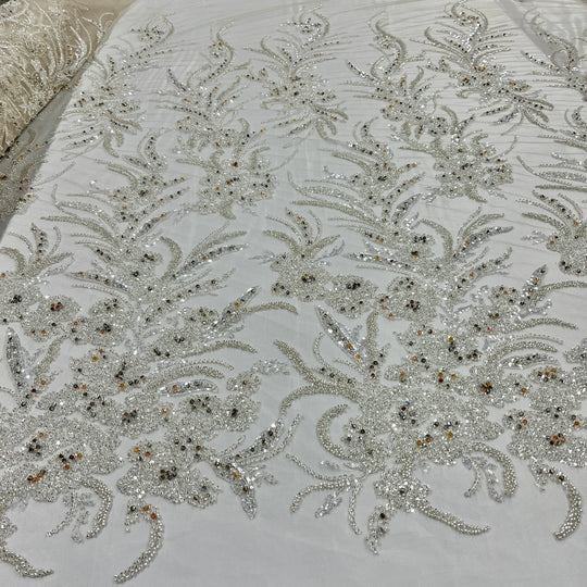 1 Yard Beaded Lace Fabric Embroidered 100 Percent Polyester Net Mesh 50 inch Width