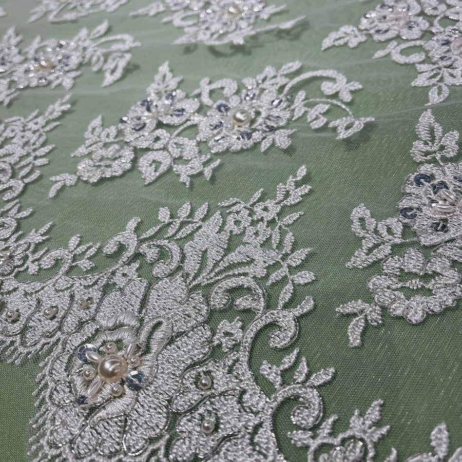 1 Yard Luxurious Beaded Lace Fabric Embroidered on Soft Polyester Net Mesh