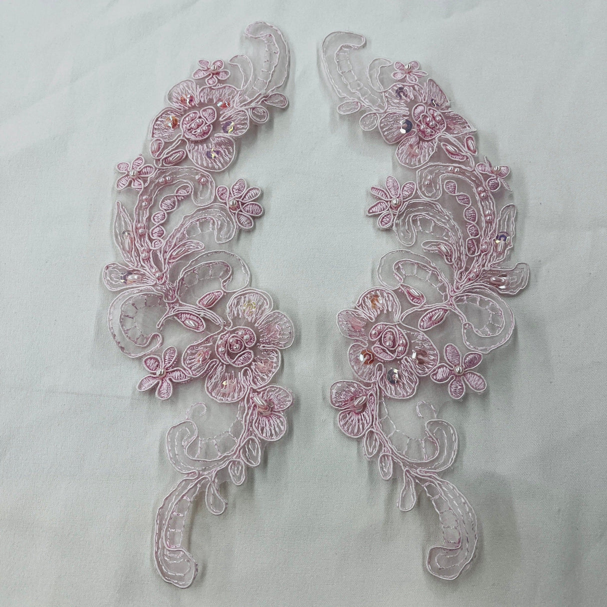 Beaded Corded Floral Lace Applique Polyester Organza Fabric - Floral Embroidered, 10" X 3" Wide Each Side (1 Pair)