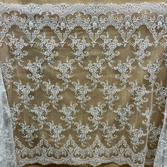1 Yard Silver Metallic Corded Bridal Lace Fabric Embroidered on 100% Polyester Net Mesh – 52"