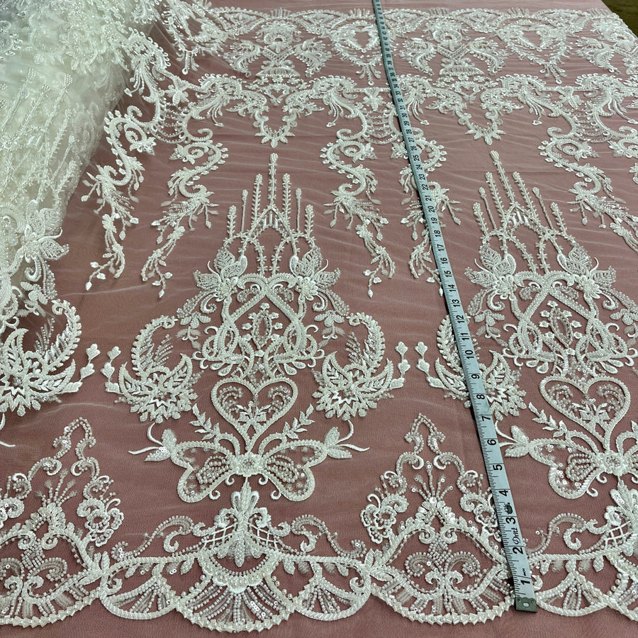 1 Yard Elegant Beaded Lace Fabric Embroidered on Polyester Net Mesh