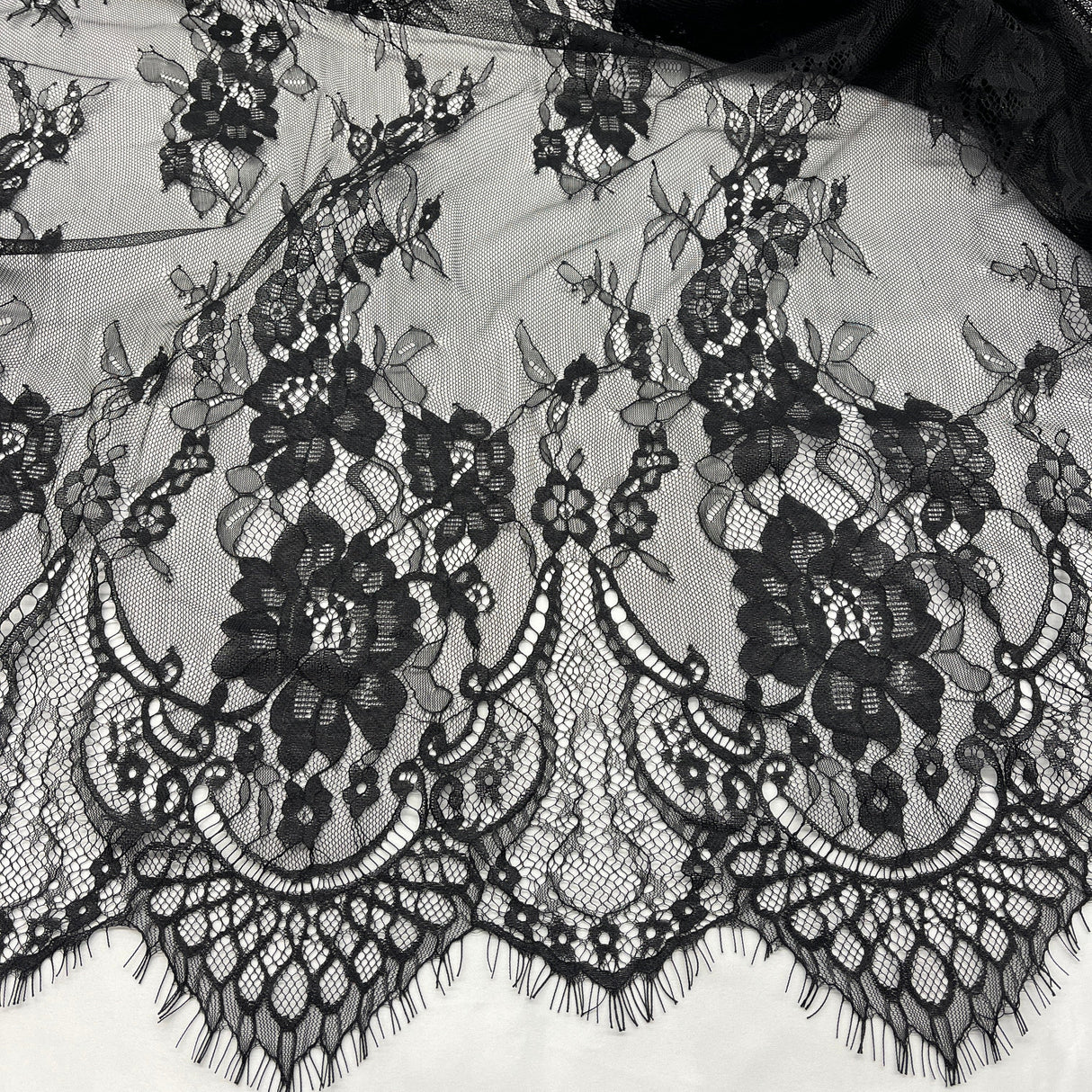Embroidered Chantilly Lace Fabric with Eyelash Scallop