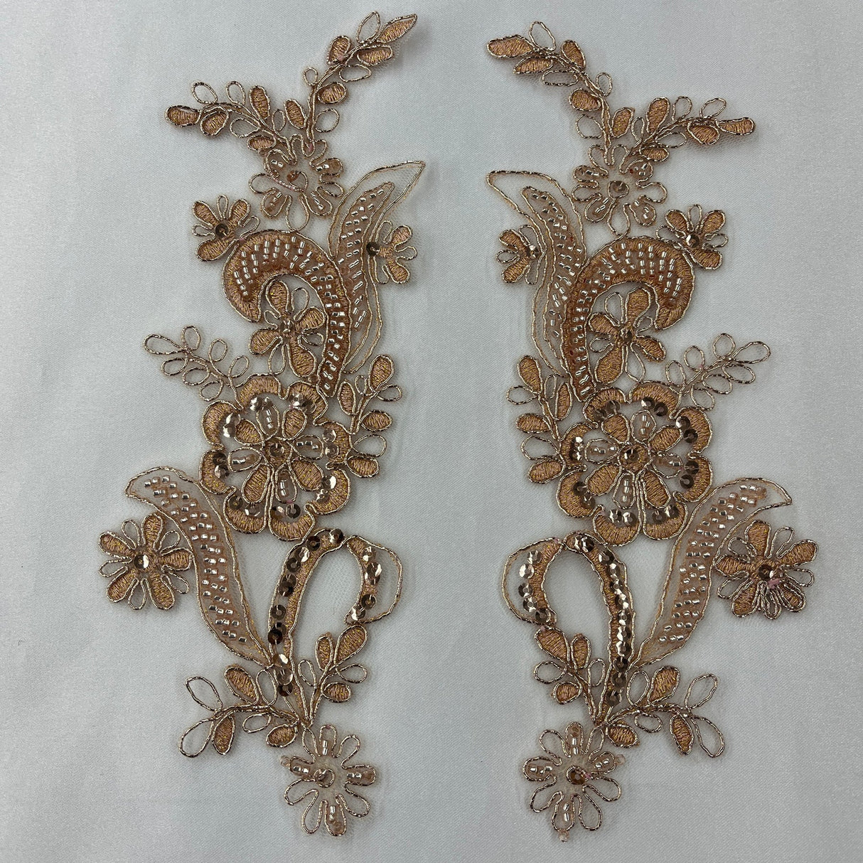 1 Pair Beaded & Corded Floral Lace Applique 9" x 2.5" Each Side