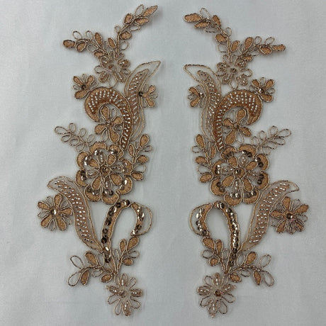 1 Pair Beaded & Corded Floral Lace Applique 9" x 2.5" Each Side