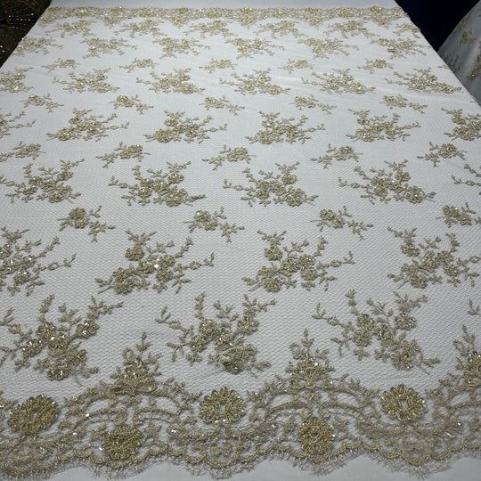 1 Yard Elegant Beaded Lace Fabric Embroidered on Polyester Net Mesh