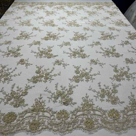 1 Yard Exquisite Hand Beaded Lace Fabric Embroidered on 100% Polyester Net Mesh White
