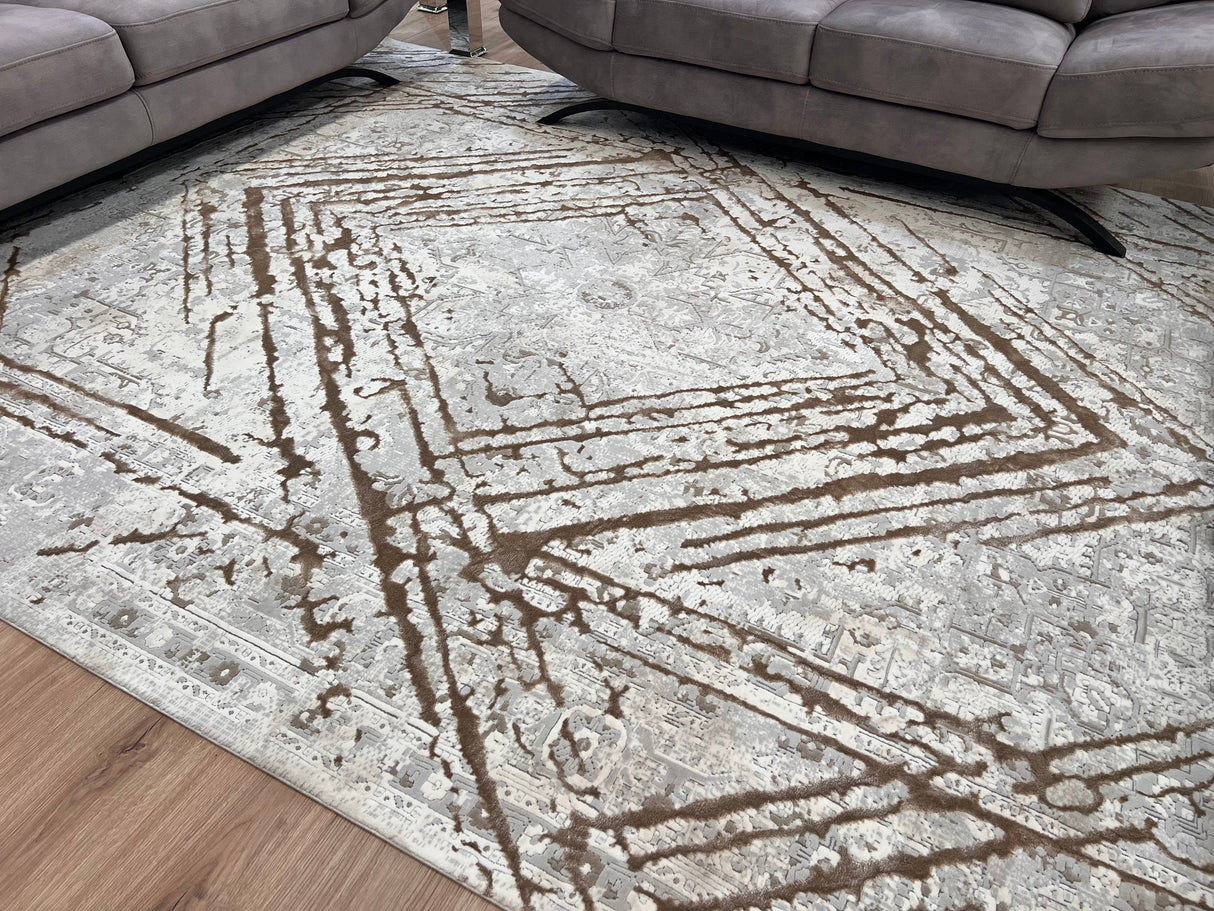 METZ 4206 Polyester Viscose Area Rug - Taupe Geometric Tone-To-Tone Mocha High-Low Pattern, 9' 8" X 13' (1 Rug)