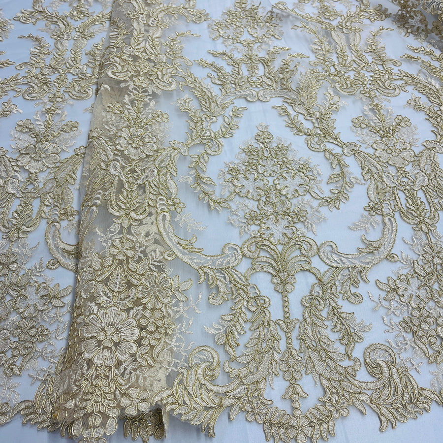 1 Yard Corded Bridal Lace Fabric Embroidered on Polyester Net Mesh