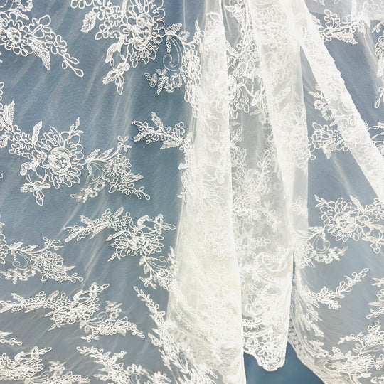 1 Yard Corded Bridal Lace Fabric Embroidered on Polyester Net Mesh 51 inch Width