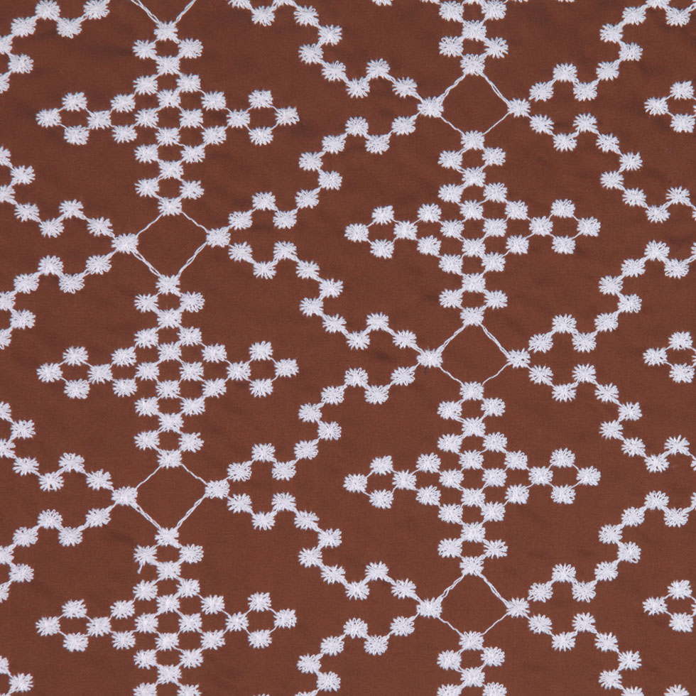 Brownie/White Floral Cotton Embroidered Poplin