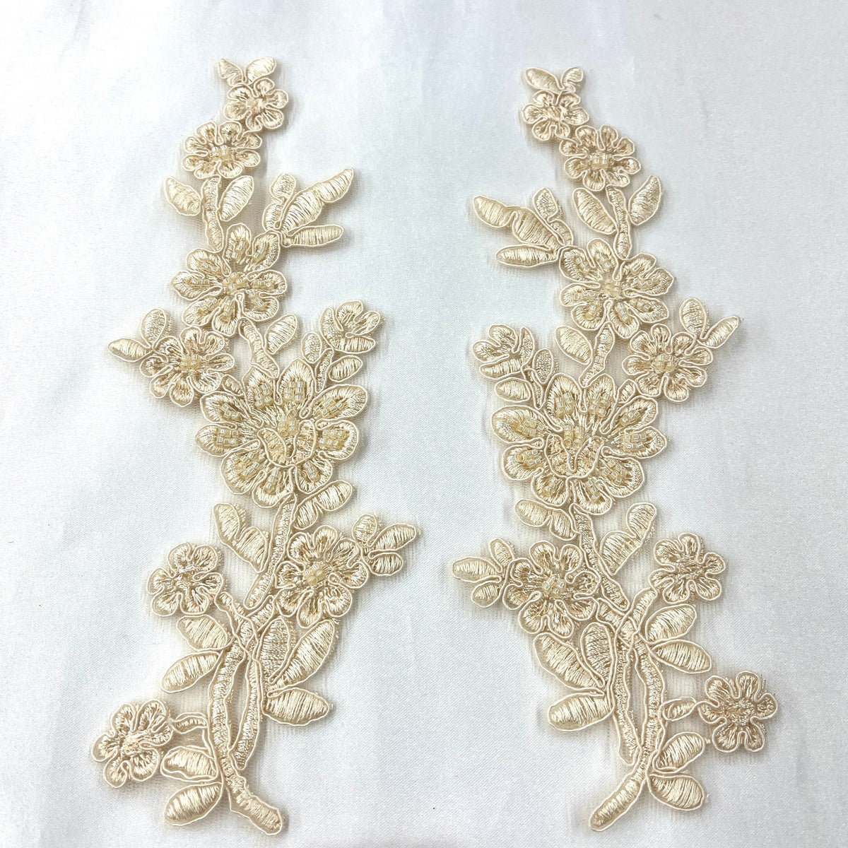1 Yard Beaded & Corded Floral Lace Applique Embroidered on 100% Polyester Net Mesh 10" X 2" Each Side